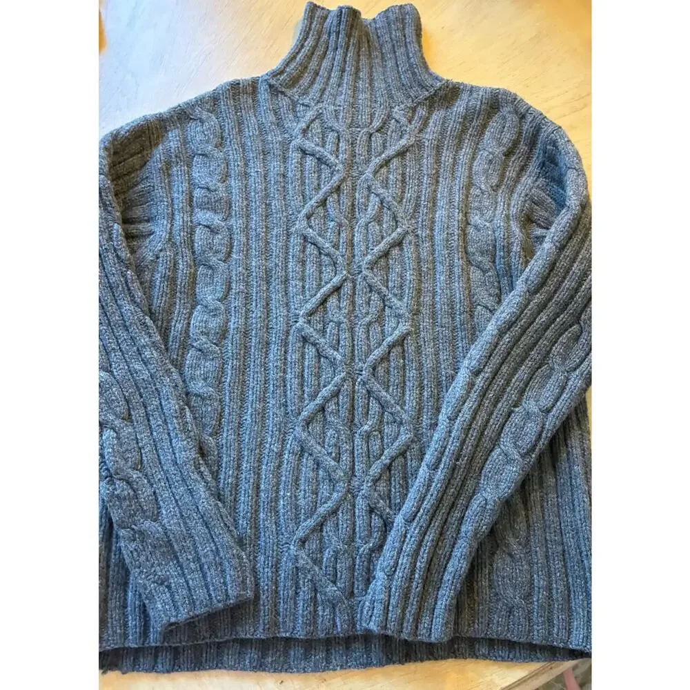 VTG Mens L Turtleneck Fisherman Gray Wool Sweater Diamond Chunky 100% Lambswool